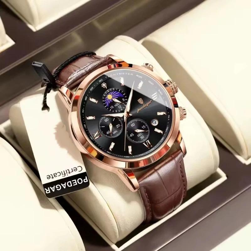 POEDAGAR Luxury Sports Watch for Men Waterproof Luminous Date Chronograph Wristwatch Leather Quartz Watches Reloj