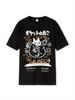 Mens Tshirt  Chinese Character Printed Trendy Tshirt with Cat Face Pattern Street Style Shortsleeved Roundneck Casual Shirt