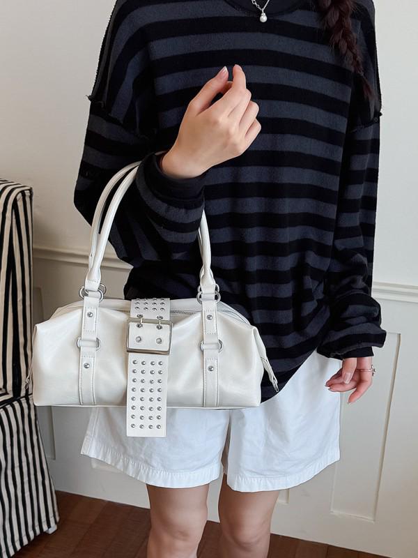 2026 Spring/Summer White Studded Women's Motorcycle Style Handbag - Versatile Crossbody & Handheld Bag