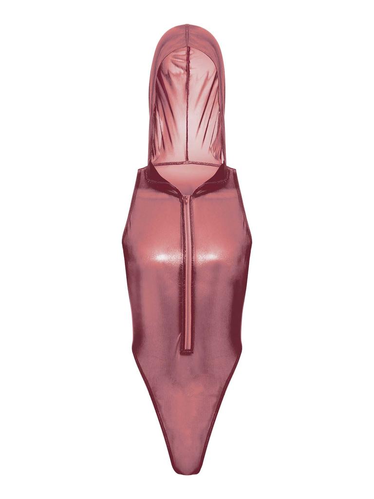 Women Sheer Lingerie Bodysuit Hooded Sleeveless Design Front Zipper Closure Glitter Jumpsuit for Role Play Club