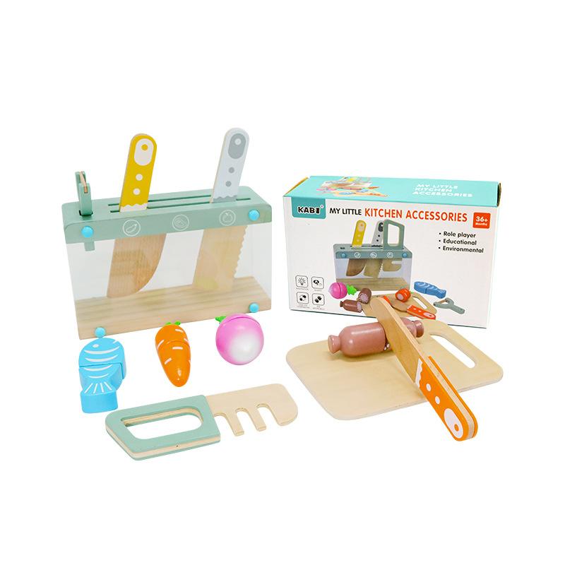Children's Wooden Simulation Kitchen Supplies Cutter Cutting Board Fruit And Vegetable Cutting Play Home Wooden Kitchenware Suit Toys