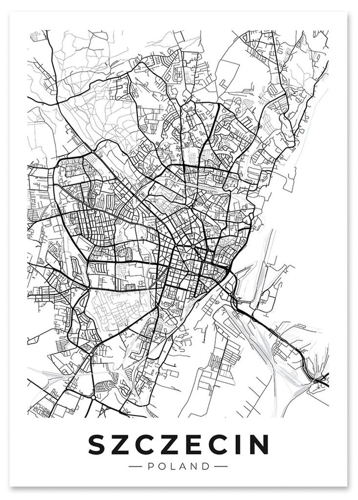 Plakat plan miasta Szczecin czarnobiały