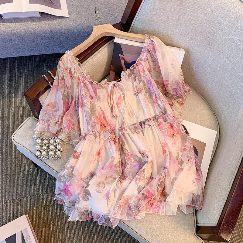 Summer Plus Size WoMan's Ruffled Chiffon Shirt Floral Short-sleeved Large Neckline Loose Chic Blouse Sweet Style