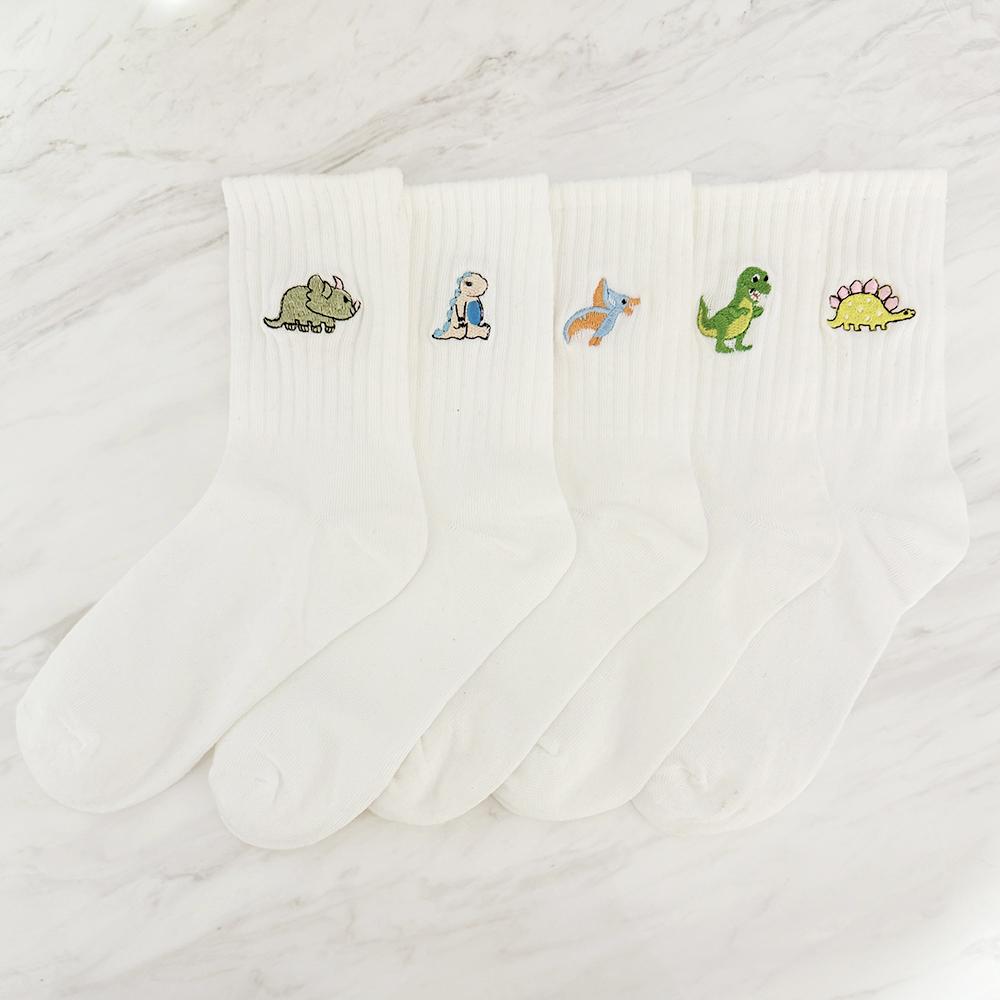

5 пар/упаковка Милые женские носки с вышивкой динозавров Белые Прекрасные мультяшные животные Винтажные Новинка Сумасшедшие Забавные Уютные носки One Size
