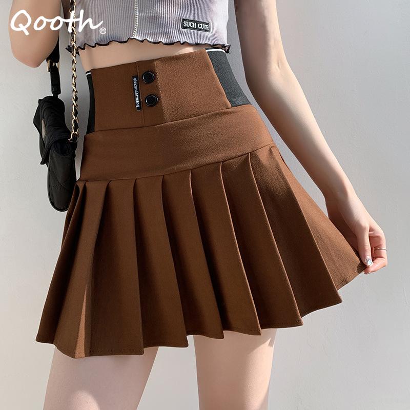 

Qooth Эластичная плиссированная мини-юбка черная юбка в стиле преппи повседневная юбка А-силуэта с высокой талией QT2058 XXL кофейный