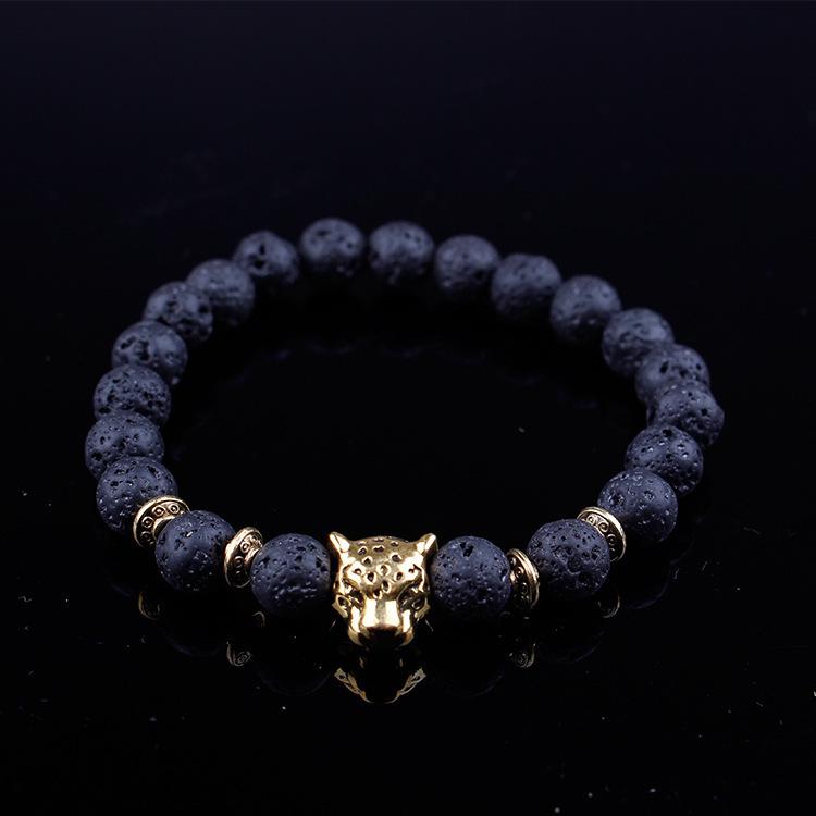 Leopard Head Agate & Lapis Lazuli Lion Bracelet with Volcanic Rock Beads