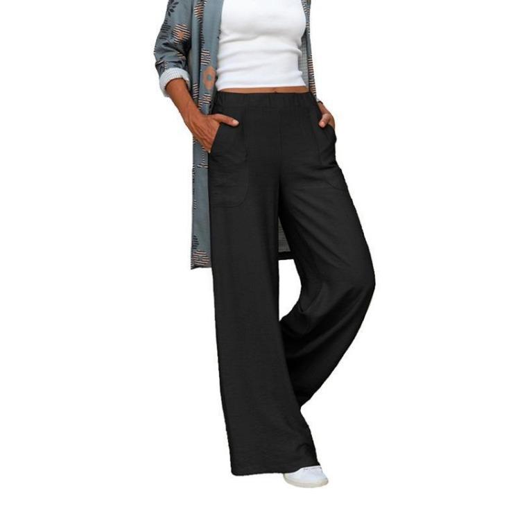 Women s Loose Wide Leg Trousers Elastic Waist Solid Colour Casual Draped Pant for Spring and Autumn S чёрный