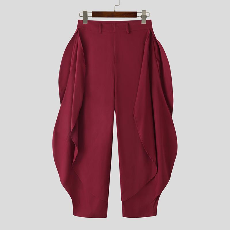 INCERUN Men Zip-up Waist Solid Color Irregular Ruffled Casual Long Harem Pants Trousers