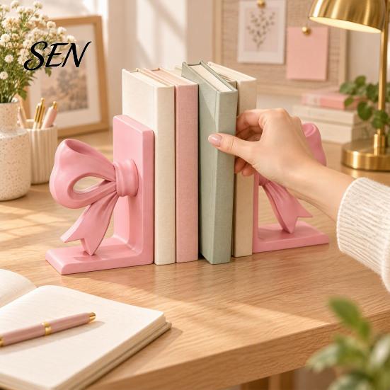 Practical Gifts for Readers 2Pcs/Set 3D Printed Pink Bow Bookends Shelves, Decorative L-Shaped Book Stoppers Home Artistic Shelf Decor Office Desktop