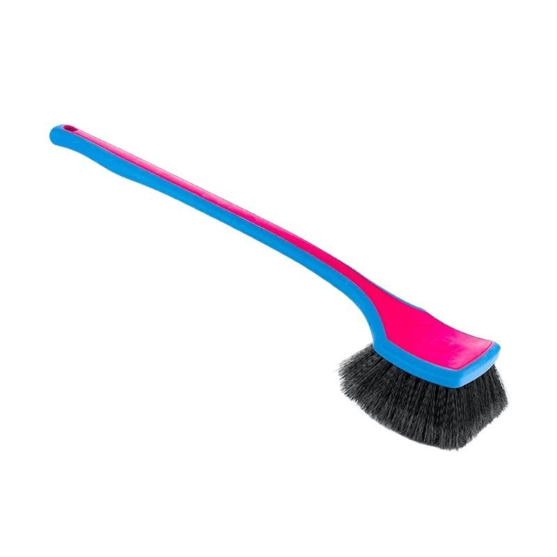 Soft Bristle Wheel Brush with Long Handle, Wide Head and Hanging Hole for Tire Cleaning, Wheel Care and Vehicle Washing