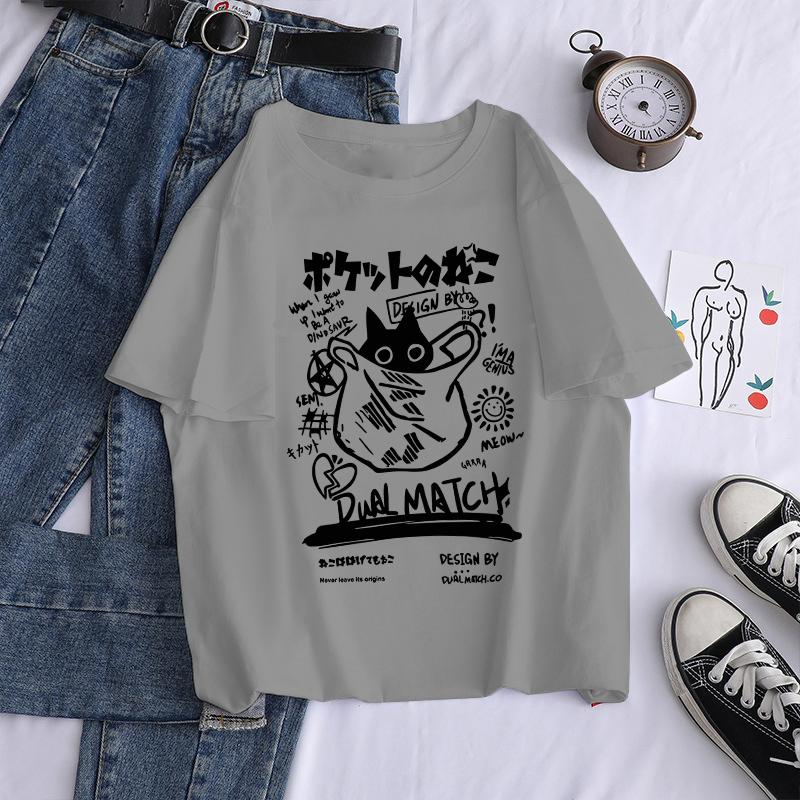 New Men Women Cartoon T-Shirts Harajuku Kawaii Cat Printed Short Sleeve Tees Couple Streetwear Clothes Y2K Tops Graphic T Shirts