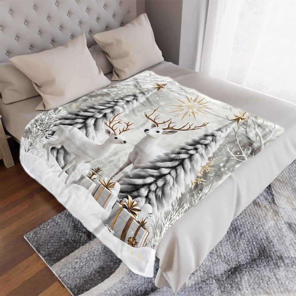 Christmas Winter Wonderland Blanket - Featuring Two White Deer with Golden Antlers, Snow-Covered Evergreens, Golden Sunburst & G