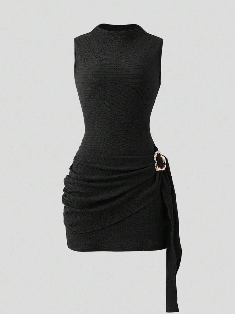 2026 Spring/Summer Knit Textured Slimming Dress with Metal Buckle