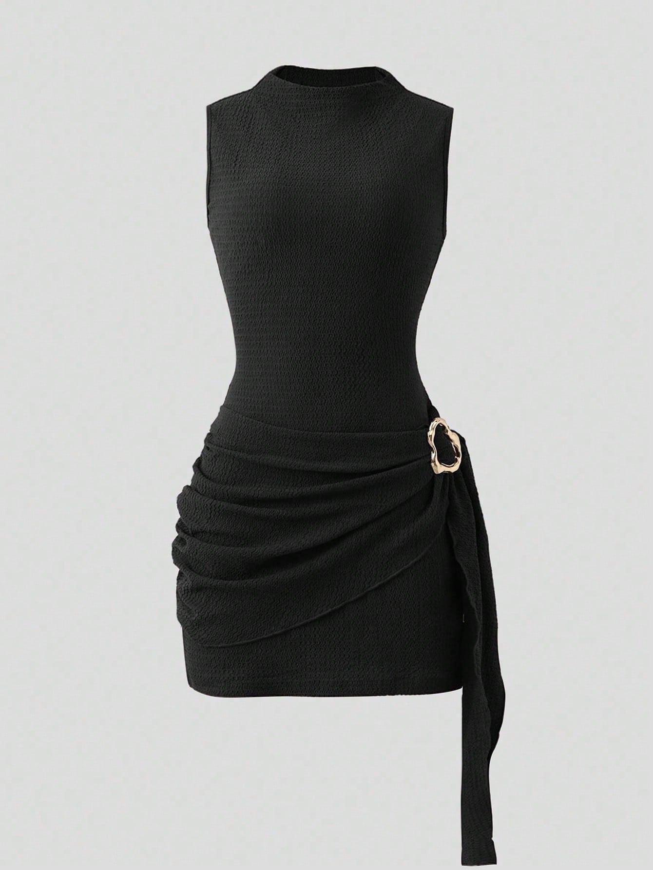 

2026 Spring/Summer Knit Textured Slimming Dress with Metal Buckle Small чёрный
