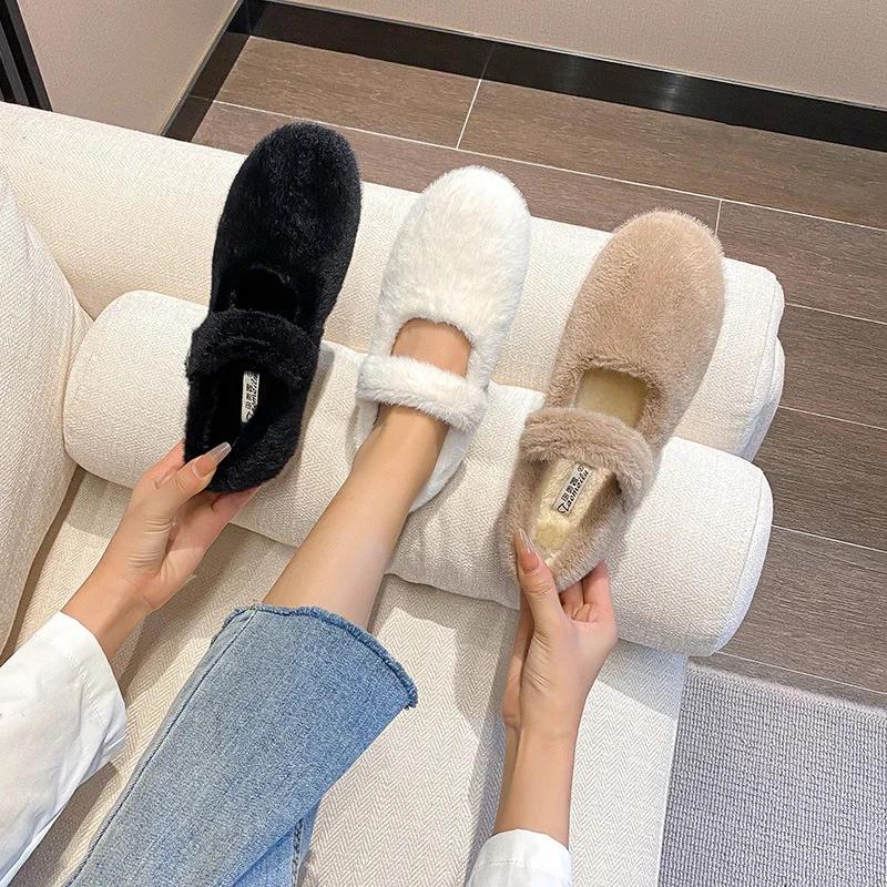 Fashion 2024 Winter Warm Women’s Plush Flat Shoes Korean style mary jane Ladies casual boat shoes Outdoor work shoes