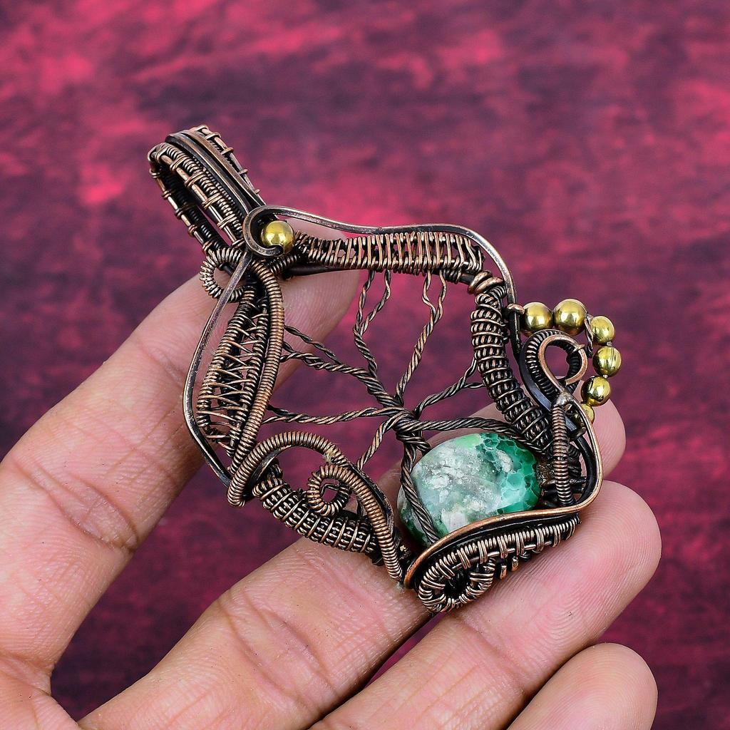 Tree Of Life Variscite Gemstone Pendant Copper Wire Wrapped Handmade Jewelry