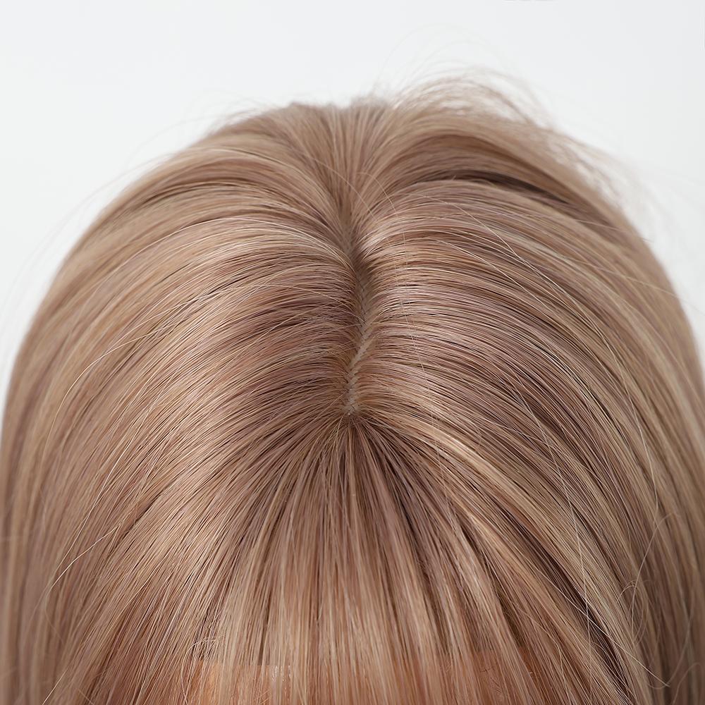 Synthetic Layered Wig Long Rose Gold Straight Wigs with Bangs Blonde Cosplay Party Natural Hair Wigs for Women Heat Resistant