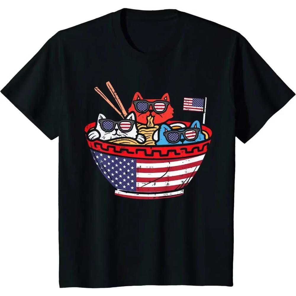 

Футболка с изображением кошек и рамена, американского флага США, прикольная, 4 июля, повседневная, хлопковая, на каждый день, футболки Four Seasons, винтажная футболка XXXXXL синий