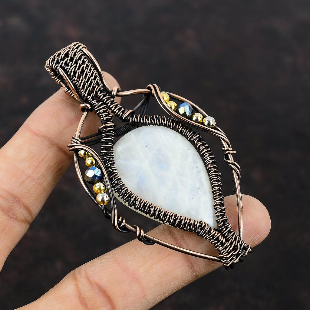 Rainbow Moonstone Pendant Copper Wire Wrapped Pendant Gemstone Handmade Pendant Titanium Beads Pendant Gift For Mom Copper Wire Wrap Jewelry