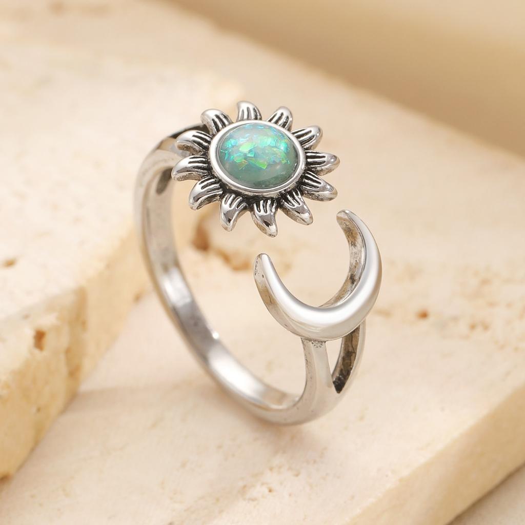 Sun and Moon Open Ring for Women Adjustable Sparkling Accent Celestial Statement Ring