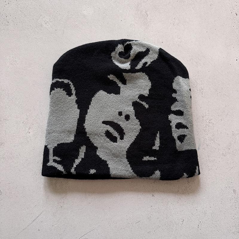 1pc Face Pattern Intarsia Beanie Hats,winter Casual windproof elastic skull Cap,Suitable for outdoor activities and daily wear