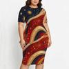 Women Plus Size White Star Printed Round Neck Short Sleeve Two Piece Set Asymmetric Top Pencil Skirt