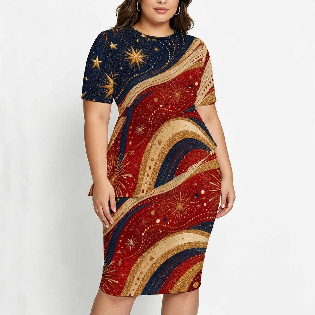Women Plus Size White Star Printed Round Neck Short Sleeve Two Piece Set Asymmetric Top Pencil Skirt