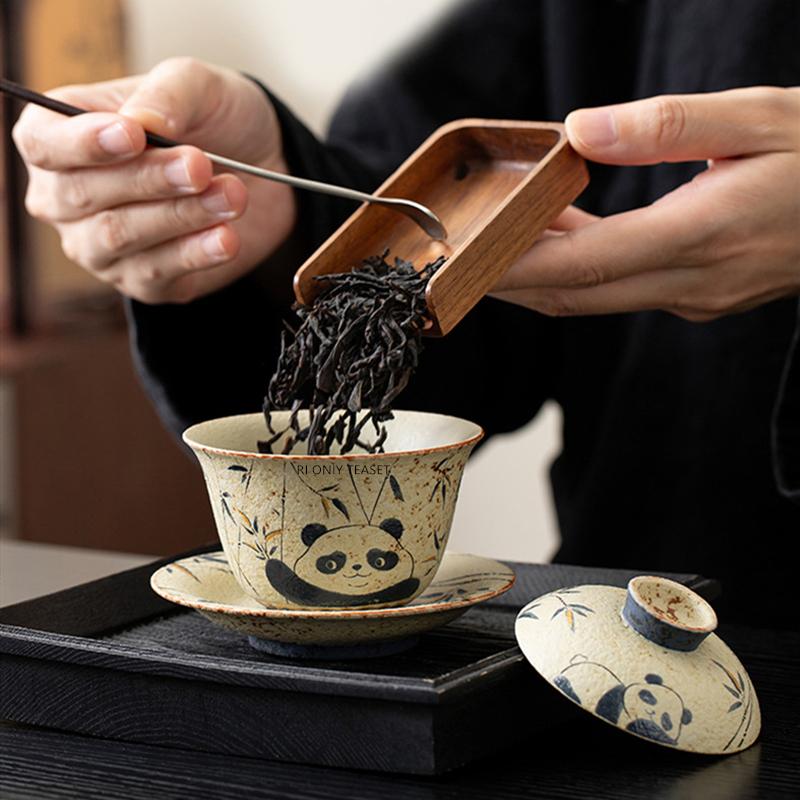 110ml Chinese Ceramic Gaiwan Handmade Panda Bamboo Leaf Tea Tureen Travel Portable Tea Bowl Household Teaware Accessories