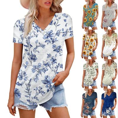 Women's Fashion Casual Short-Sleeved Floral Print T-Shirt Shirt Temperament Shirt V-neck Top