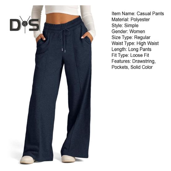 Damen Freizeithose, elastische hohe Taille, verstellbarer Kordelzug, gerade Hose mit weitem Bein und Taschen, einfarbig, lange Hose