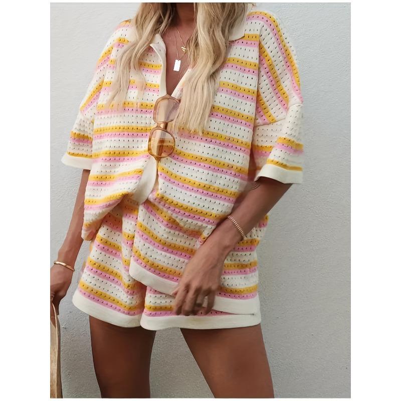 Completo a 2 pezzi in maglia a righe da donna, casual, con polo a maniche corte e set di pantaloncini