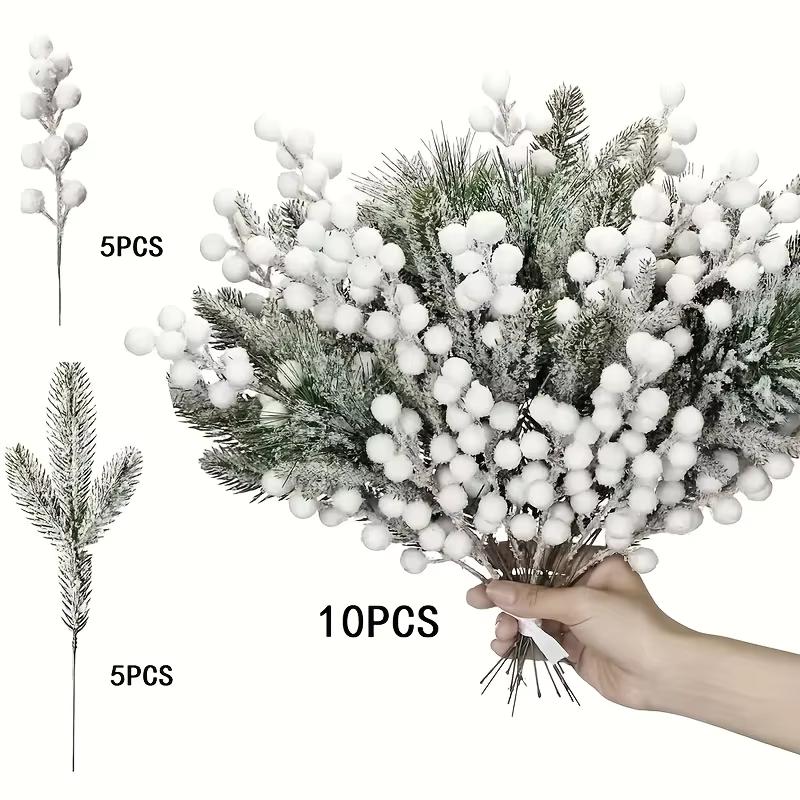 5/10Pcs Artificial Pine Needle Branches Fake Red Berry Christmas Decoration for Xmas Wreath Ornament Home Decor 2026 Navida Gift