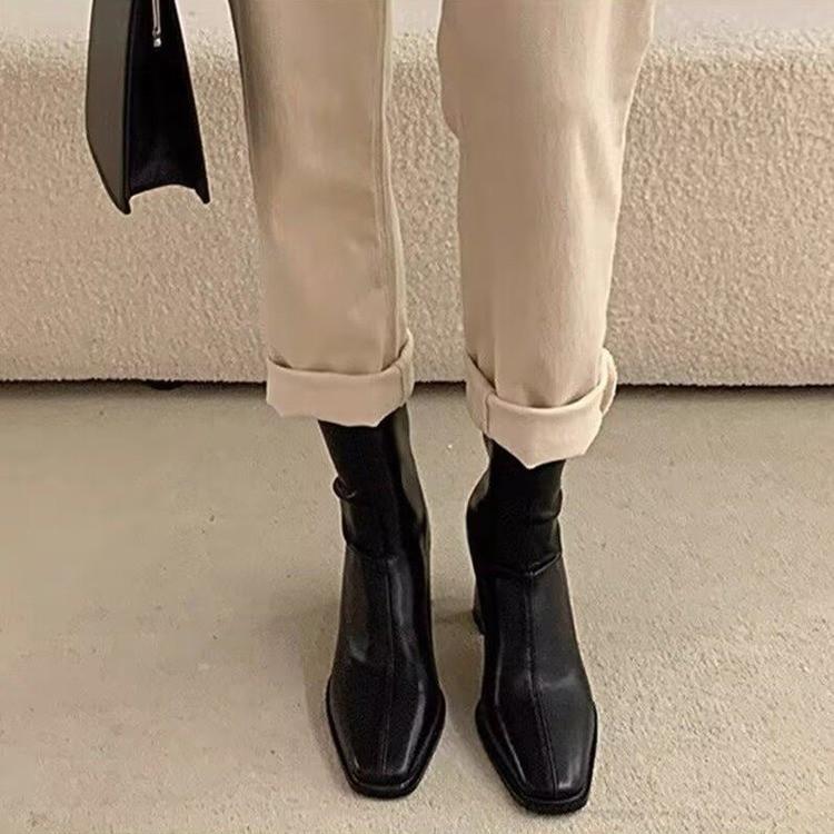 Spring and Autumn New Coarse Heel Pointed Short Boots Women's Brown Ankle Boots Single Boots Skinny Boots Back Zipper Winter High Heels