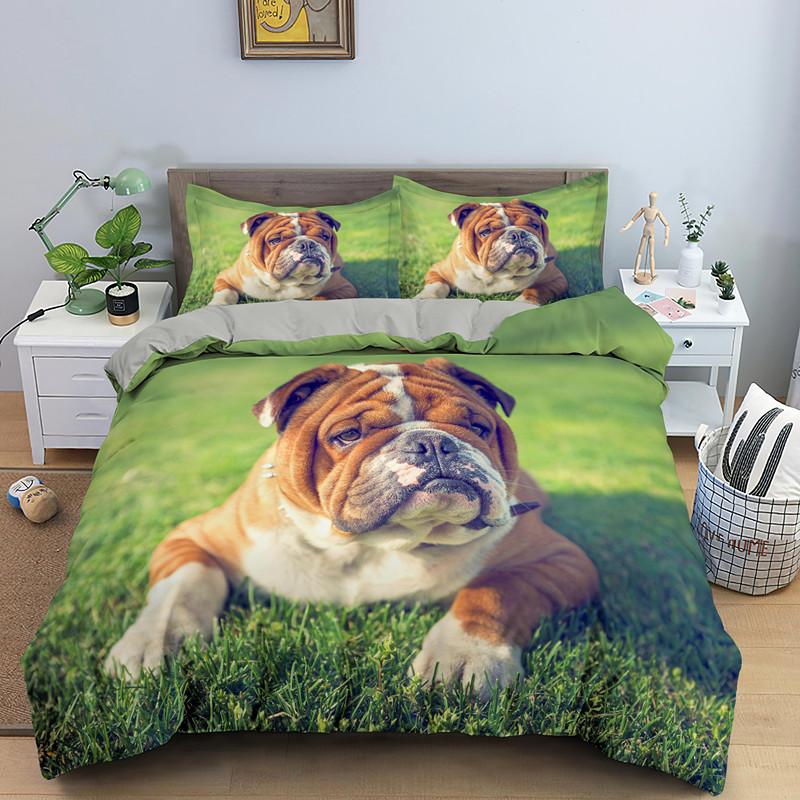 Urocza Kreskówkowa Bulldog Poszewka na Kołdrę Zestaw Rozmiar Królewski Pełny Miękka Mikrofibra Pościel 3 Sztuki Wystrój Pokoju