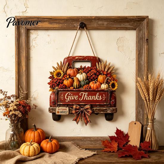 Wooden Autumn Welcome Sign Harvest Pumpkin Truck Hanging for Front Door, Fall Door with Rustic Farmhouse Thanksgiving Decor Hemp Rope, Distressed