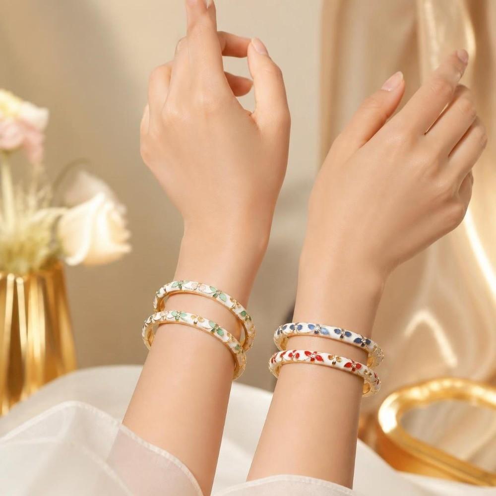 Elegant Open Cuff Bracelet Chinese Style Women's Floral Bracelet Enamel Flower Bangle Bride
