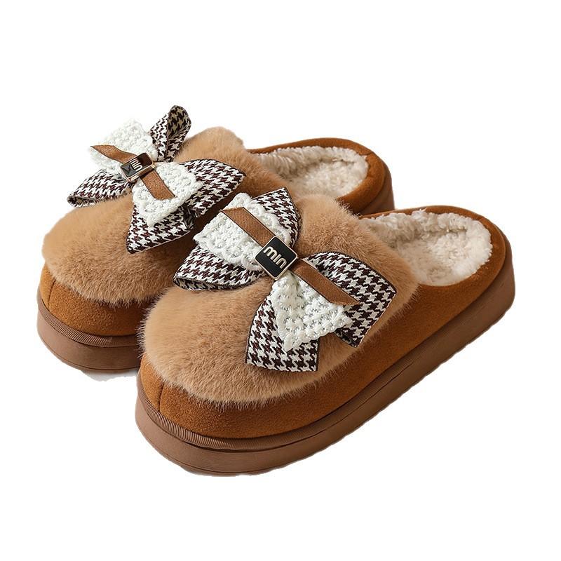 Bow Cotton Slippers Autumn and Winter Cotton Shoes Home Platform Warm Shoes Plush Household Wool Slippers
