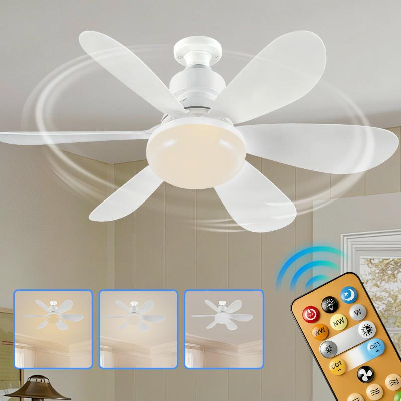 Socket Fan Light with Remote Ceiling Fan Lights with 3 Colors Dimmable 3 Speed Portable E27 Light Bulb Fan for Bedroom