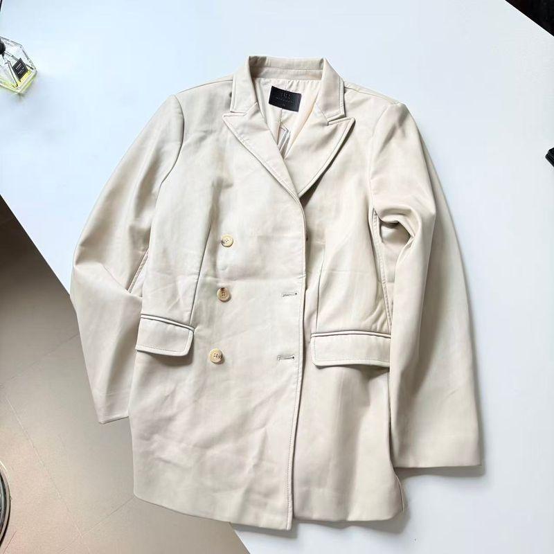 

Leather Soft and Oily Artificial Leather Boyfriend Style Double Breasted Leather Suit Outwear Shallow khakis M