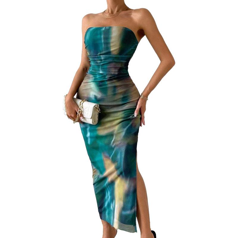 

Spring and autumn women s clothing mesh floral pleats sexy tight split strapless tube top dress XL