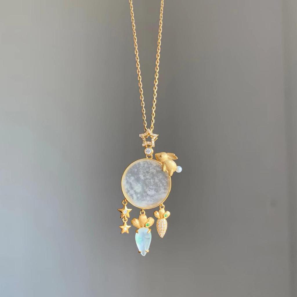 Jade Rabbit and Radish Planet Pendant Necklace - Charming Fairy Tale Design, Handmade and Unique Gift