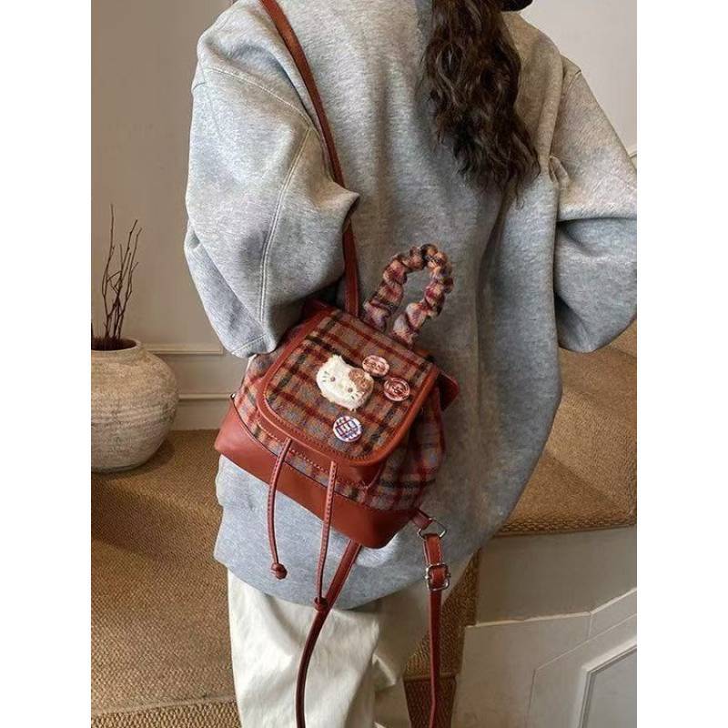 Hello Kitty Pu Backpack With Vintage Plaid Pattern For Commuting And Casual Outings