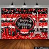2D Ladybug Birthday Backdrop, Paris Eiffel Tower Banner, Red Black Happy Birthday Party Decor