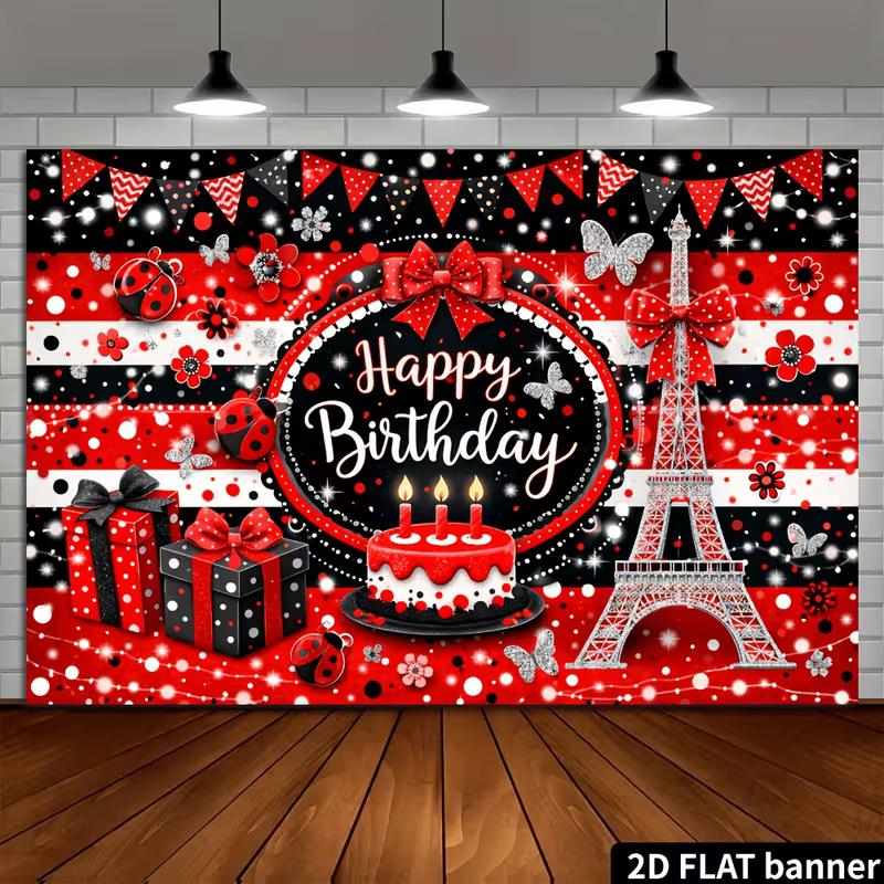 2D Ladybug Birthday Backdrop, Paris Eiffel Tower Banner, Red Black Happy Birthday Party Decor
