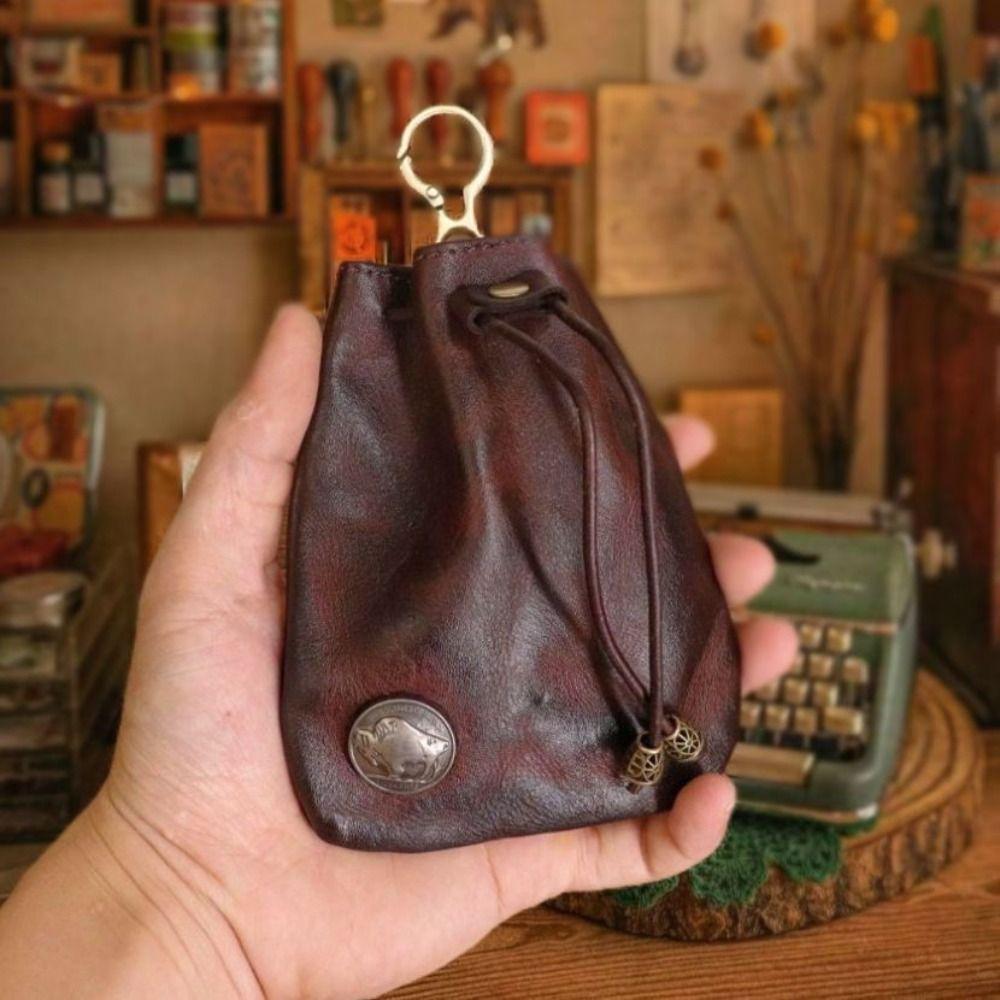 Retro Pouch Change Purse Mini Key Ring Coin Purse Retro Drawstring Key Wallet  For Men