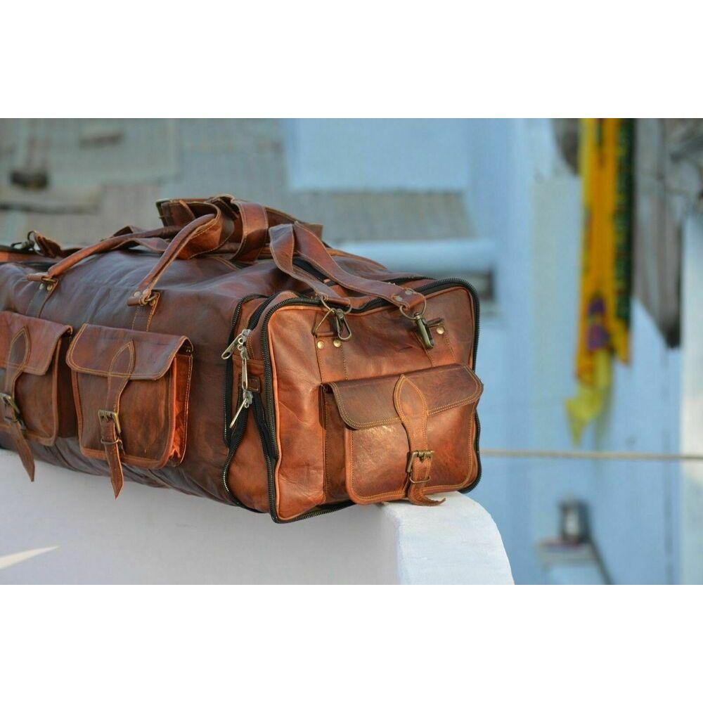 Men's Gym Goat Leather Luggage Travel Genuine Brown Overnight Duffle