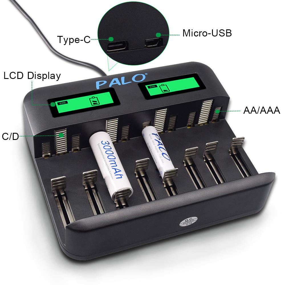 PALO 8 Slots LCD Display USB Smart Battery Charger for AA AAA SC C D Size Rechargeable Battery 1.2V Ni-MH Ni-CD Quick Charger