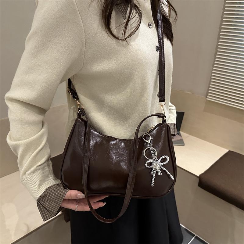 Vintage Solid Color PU Shoulder Underarm Bag for Women Textured Trendy Crossbody Bag Portable Hobo Handbag Purse