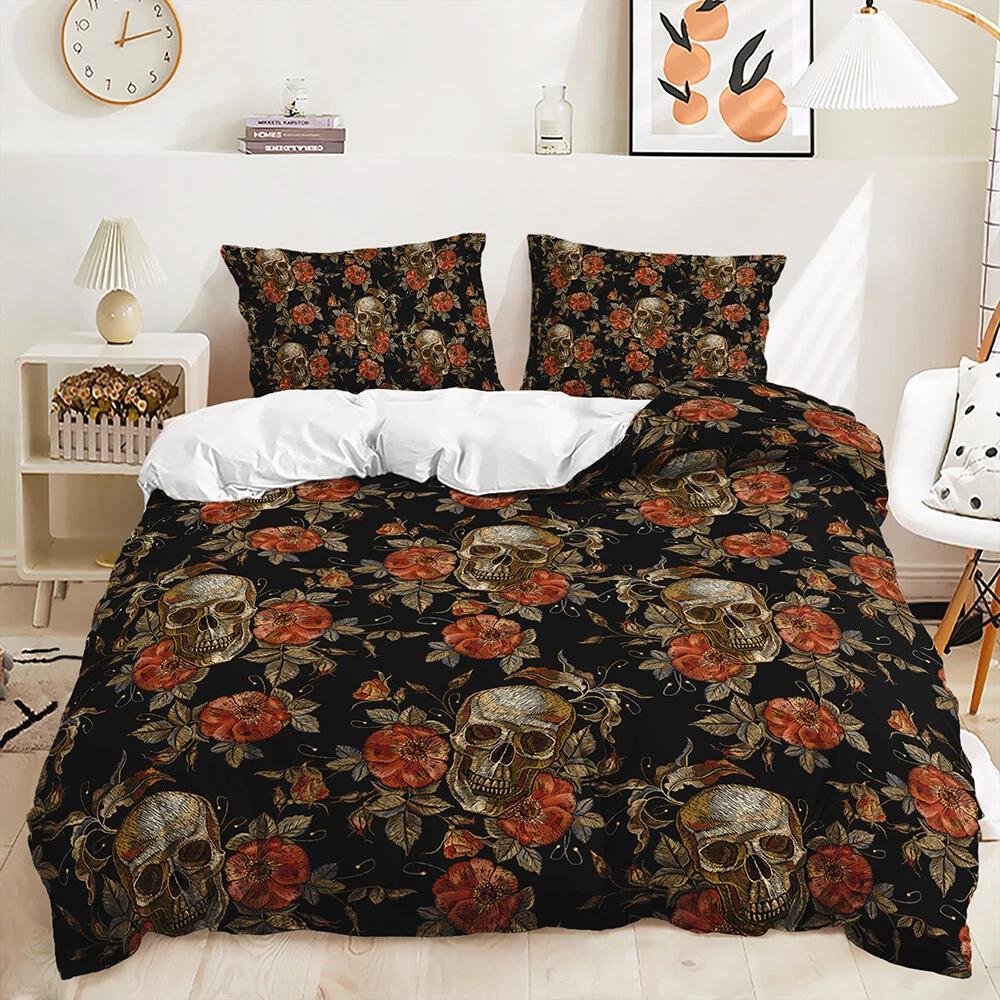 Vintage Skull & Red Roses Duvet Cover, Gothic Bedding Set, Floral Skull Bed Cover for Edgy Home Decor, Ideal Gift for Twin/Queen/King Size Beds Baby 100x135cm