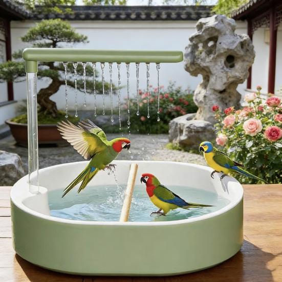 Automatic Bird Bath Parakeet Bath with Circulating Shower System Splash Guard Adjustable Flow Parrot Bath for Cockatiels Macaws Cage Accessory